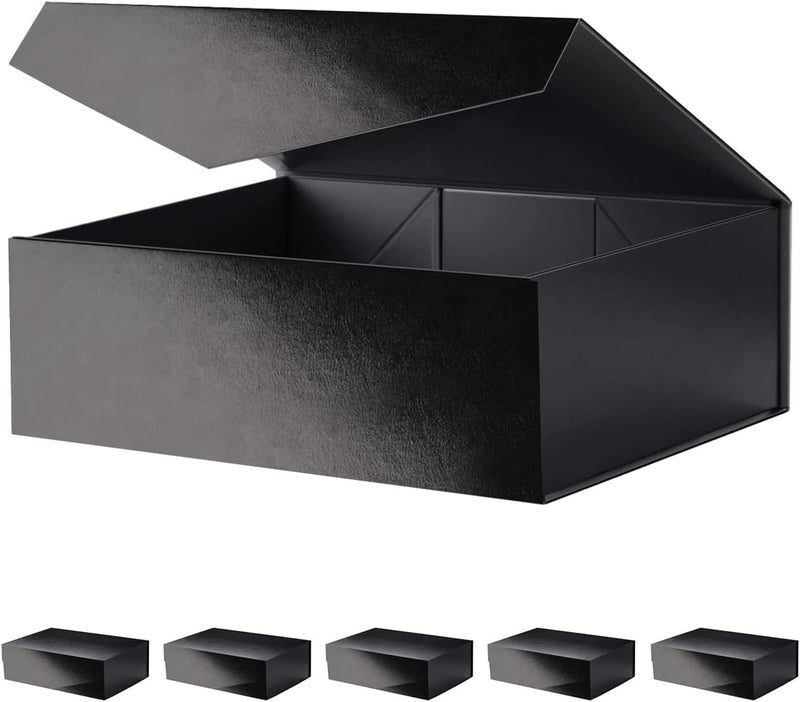 JINGUAN Large Black Collapsible Gift Boxes with Magnetic Closure Lids 13.5x9x4.1 Inches, Groomsmen Proposal Boxes, Rectangle Present Boxes (Glossy Black, 6 Pack) - Image 1